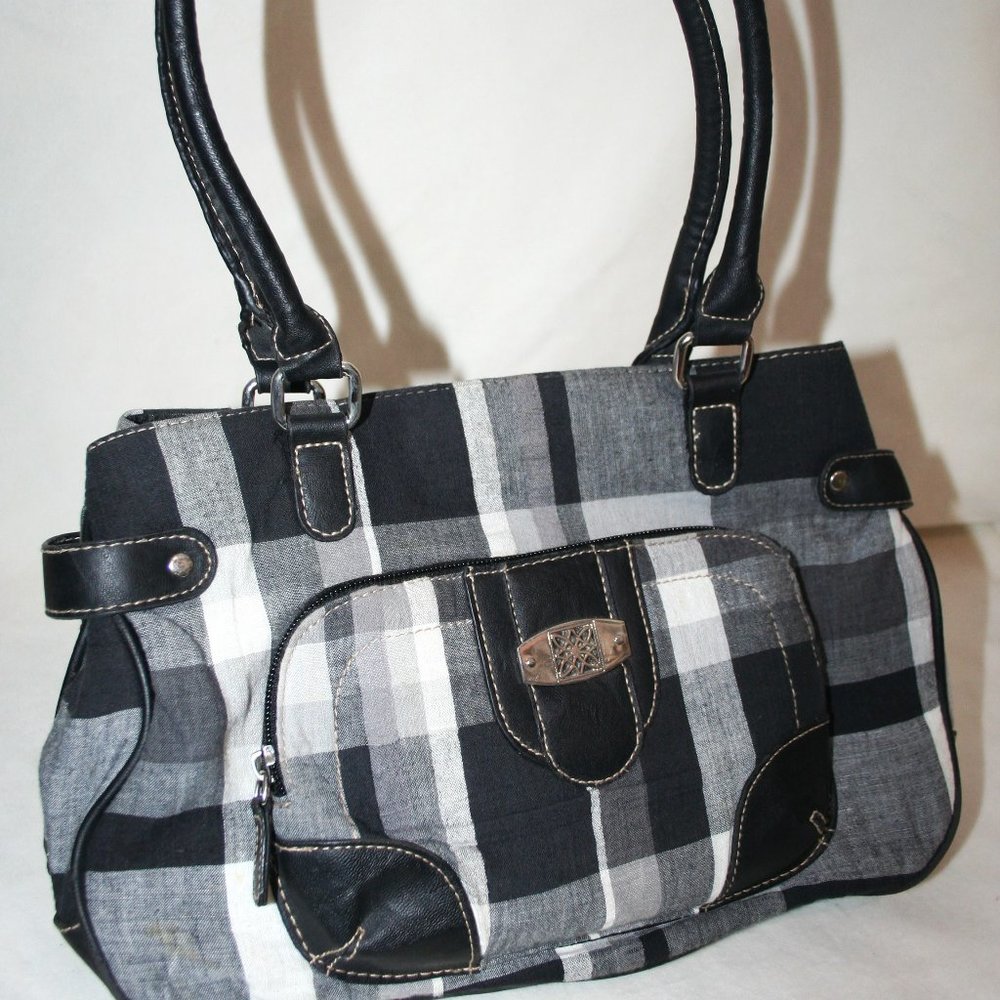 NWOT PLAID BLACK WHITE PURSE w/ WALLET POCKETS COMPARTMENTS BAG MAGNETIC CLOSURE